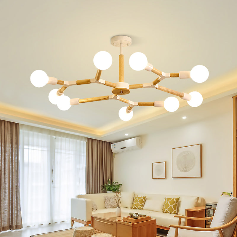 Modern Wooden Molecular Chandelier With Bare Bulbs - 3/6/9 Lights Black/White Ceiling Hang Lamp