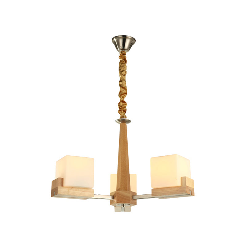 Modern Wood Cube Chandelier With Multiple Bulbs For Bedroom
