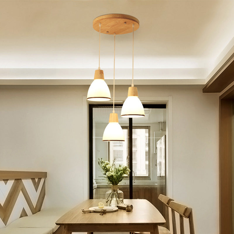 Nordic Ivory Glass 3-Head Cluster Pendant Bell/Bowl/Barrel Hang Lamp For Dining Room