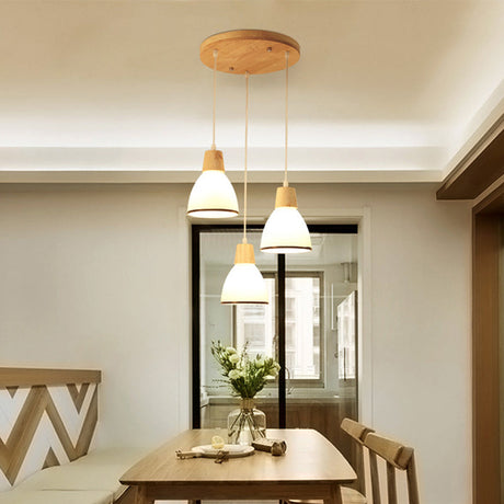 Nordic Ivory Glass 3-Head Cluster Pendant Bell/Bowl/Barrel Hang Lamp For Dining Room