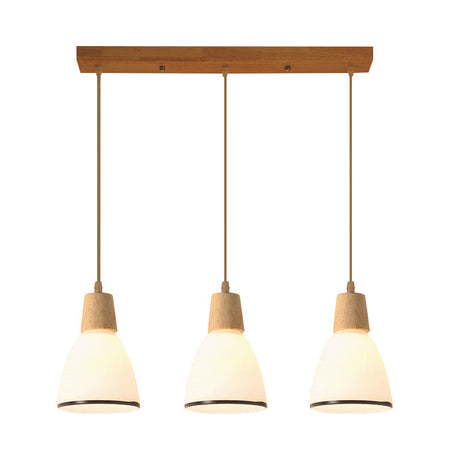 Nordic Ivory Glass 3-Head Cluster Pendant Bell/Bowl/Barrel Hang Lamp For Dining Room Wood / Barrel