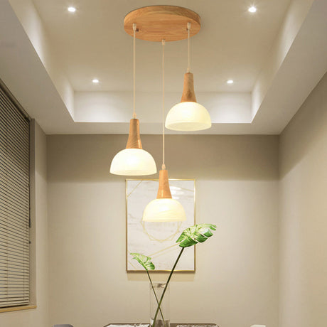 Nordic Ivory Glass 3-Head Cluster Pendant Bell/Bowl/Barrel Hang Lamp For Dining Room Wood / Bowl