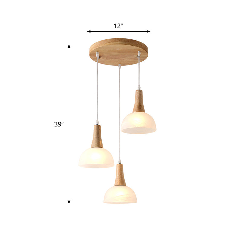 Nordic Ivory Glass 3-Head Cluster Pendant Bell/Bowl/Barrel Hang Lamp For Dining Room