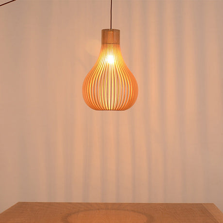 Beige Cutout Gourd Pendant Ceiling Lamp With Wood Shade - Minimalist 1-Bulb 12/15 W / 12