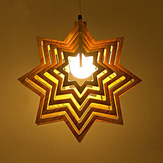 Modern Wooden Anise Star Pendant Lamp - Beige Hollowed-Out Design Living Room 1 Head Wood