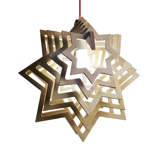 Modern Anise Star Wood Hanging Lamp Kit With Hollowed-Out Design - 1 Head Beige