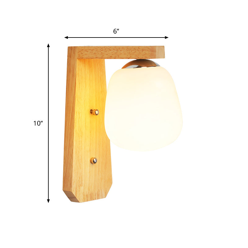 Modern Nordic Wooden Wall Lamp With Milky Glass Bud Shape & Right Angled Arm - 1 Bulb Light