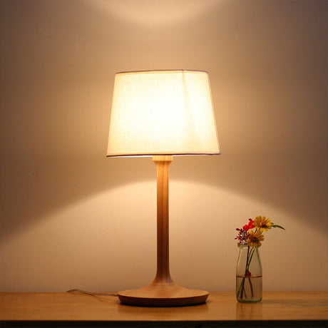 Sleek Wooden Bedside Lamp With Bucket Fabric Shade - 1-Bulb Minimal Nightstand Light