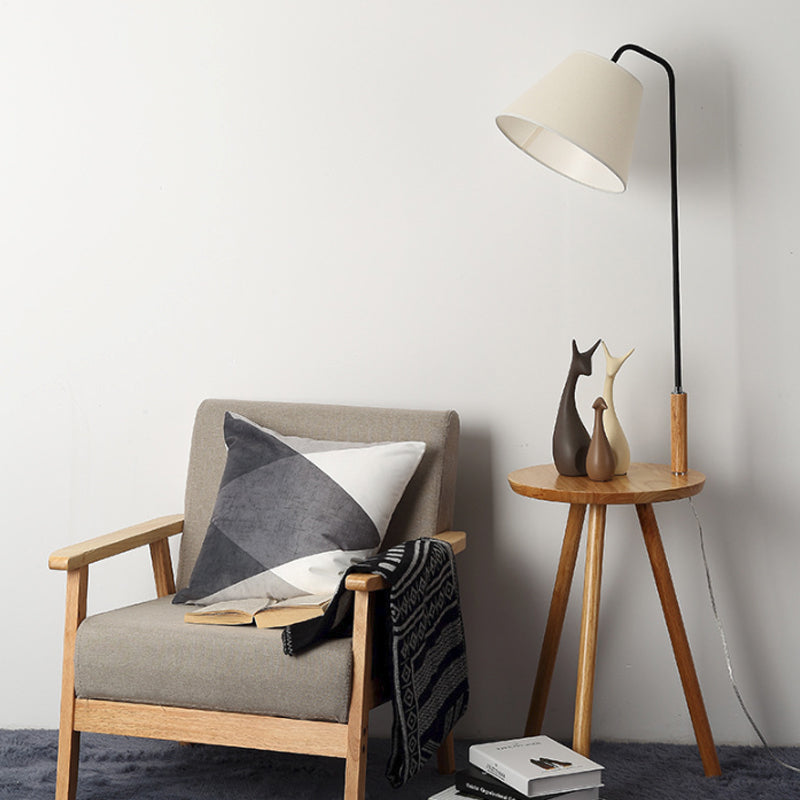 Conical Nordic Floor Lamp With Wood 3-Leg Stand And Table - Fabric Shade