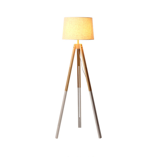 Modern 3-Legged Drum Shade Floor Light - Black/White Fabric Wood Base For Living Room
