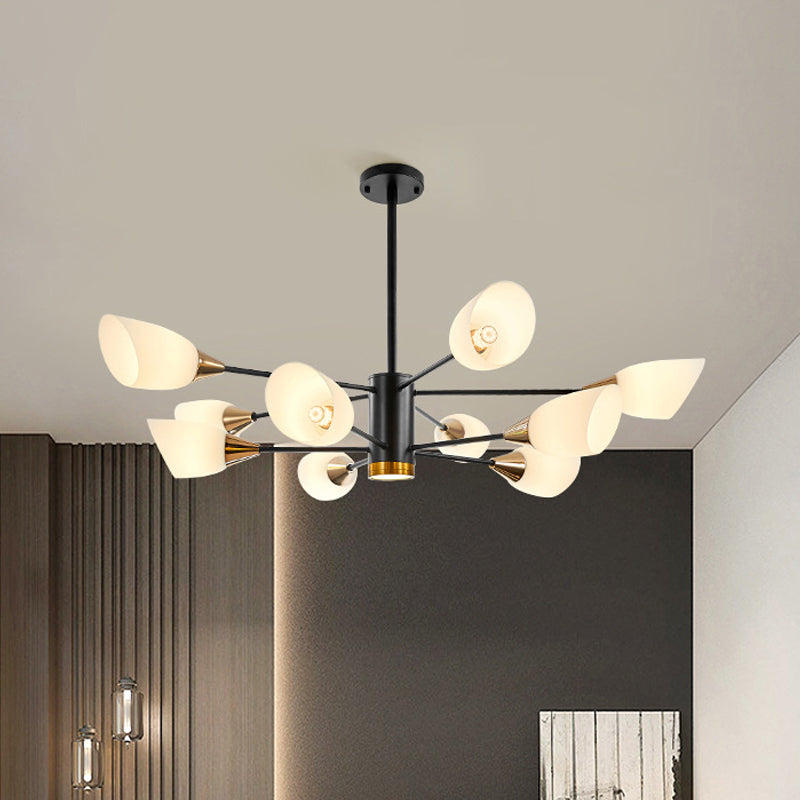 Postmodern Black/Gold Chandelier With Tulip White Glass Shade - 6/10/16 Bulbs For Living Room