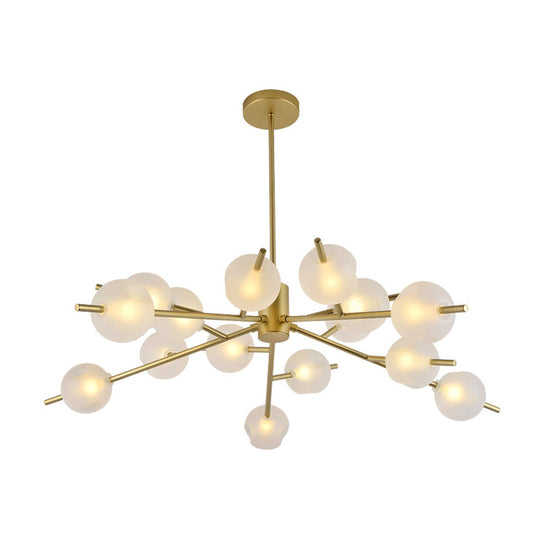 Contemporary Branched Pendant Lamp With 15 Metal Bulbs Black/Gold Finish And Frosted Glass Shades