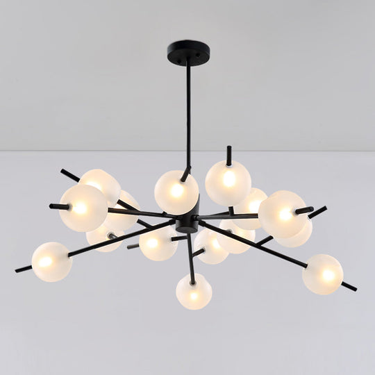 Contemporary Branched Pendant Lamp With 15 Metal Bulbs Black/Gold Finish And Frosted Glass Shades