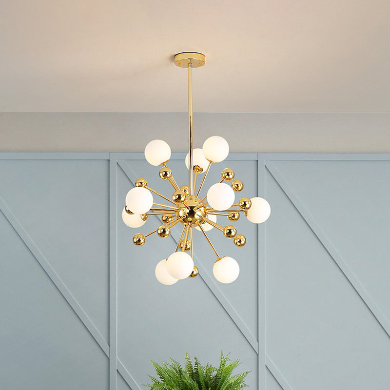 Modern Stylish Burst Ball Chandelier – Frosted White Glass Ceiling Hang Lamp (Gold Living Room