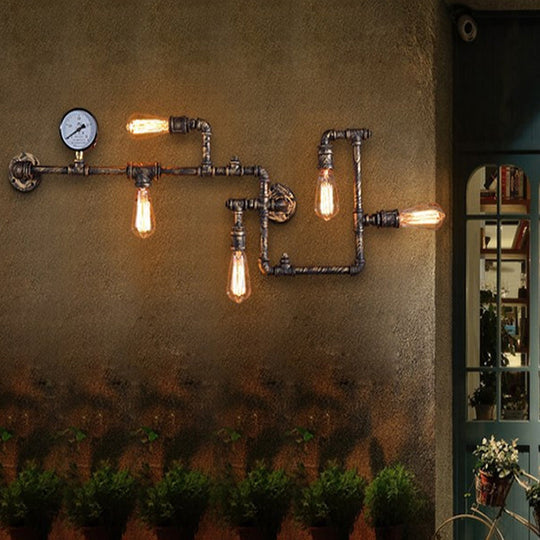 Industrial Rust/Bronze 5-Head Wall Mounted Lamp With Pressure Gauge - Wrought Iron Pipe System