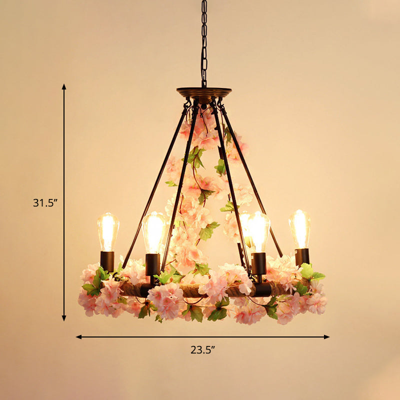 Industrial Metal Pendant Chandelier With Flower Decoration - 6/8/14-Head Pink Ceiling Light