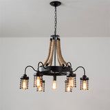 Vintage Black Metal Cage Chandelier With Rope Suspension - 7/9 Heads | Wagon Wheel Design 7 /