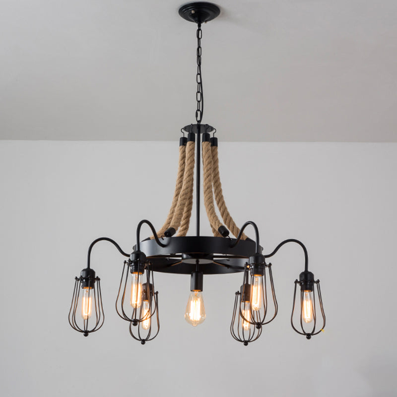 Farm Style Wheel Design Rope Chandelier With Bulb Cage - Black Metallic Pendant Light Fixture (9/13