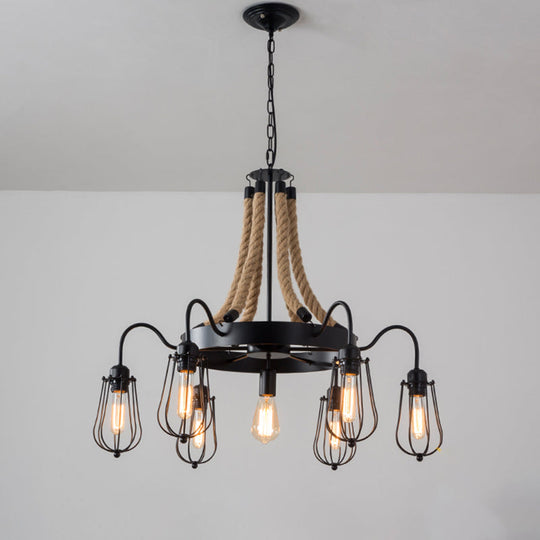 Farm Style Wheel Design Rope Chandelier With Bulb Cage - Black Metallic Pendant Light Fixture (9/13
