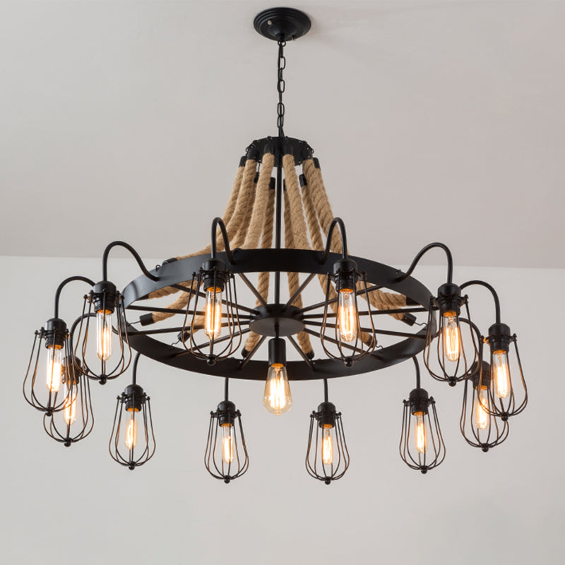 Farm Style Wheel Design Rope Chandelier With Bulb Cage - Black Metallic Pendant Light Fixture (9/13