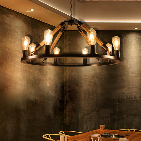 Industrial Metal Chandelier: Open Bulb 6/8-Light Rope Pendant Lamp Black With Ring Design - Dining