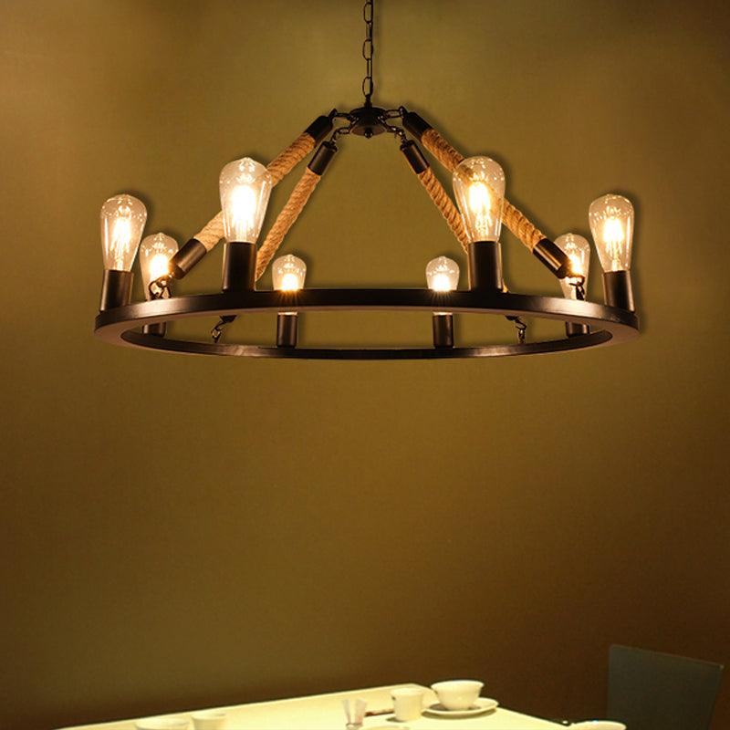 Industrial Metal Chandelier: Open Bulb 6/8-Light Rope Pendant Lamp Black With Ring Design - Dining