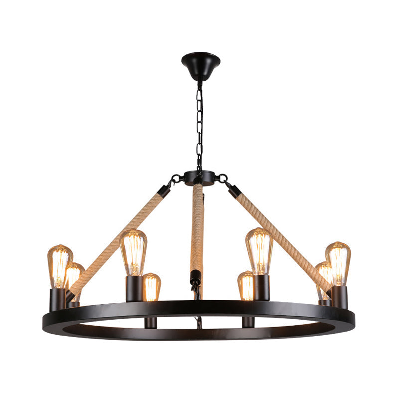 Industrial Metal Chandelier: Open Bulb 6/8-Light Rope Pendant Lamp Black With Ring Design - Dining