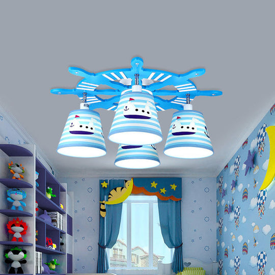 Nautical Semi-Flush Ceiling Light With 4 Wood Lights In Blue For Foyer