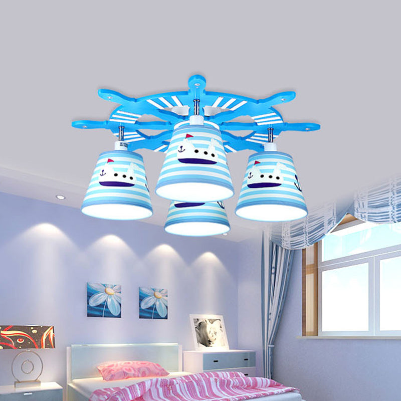 Nautical Semi - Flush Ceiling Light With 4 Wood Lights In Blue For Foyer