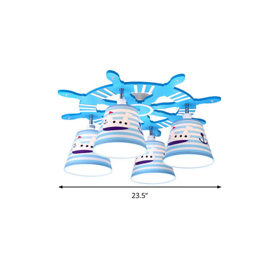 Nautical Semi-Flush Ceiling Light With 4 Wood Lights In Blue For Foyer