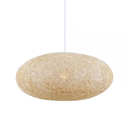 Beige Rattan Hanging Pendant Light - Ellipse Pendulum Design Asia Style 16/19.5 Wide