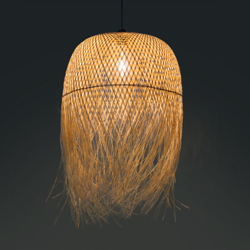 Rustic Rattan Fringe Pendant Light - Beige Single-Bulb Dining Room Hanging Lamp In 6’/10’/18’ Width