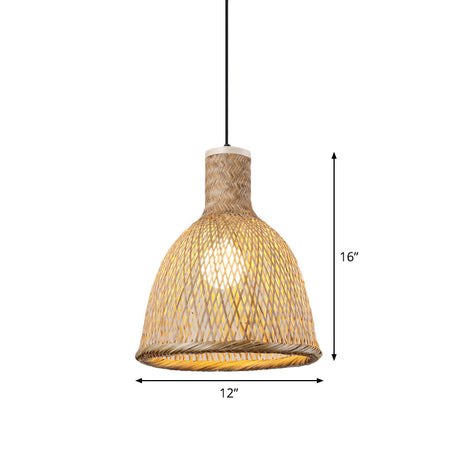 Bamboo Pendant Lamp - 1-Light Beige Suspension Fixture For Dining Room