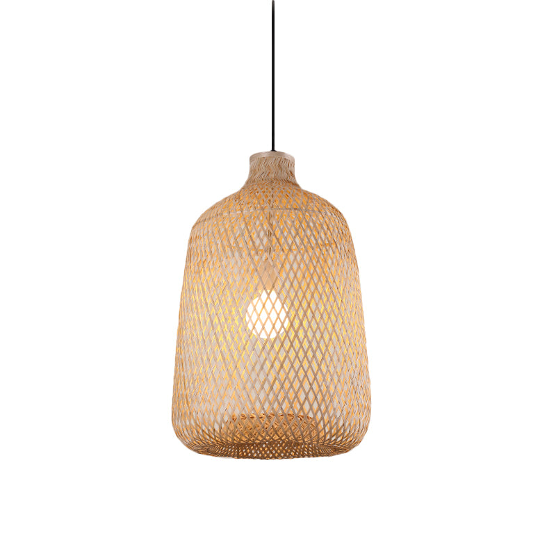 Asia Bamboo Pendant Lamp - 1-Light Beige Suspended Fixture For Dining Room / D