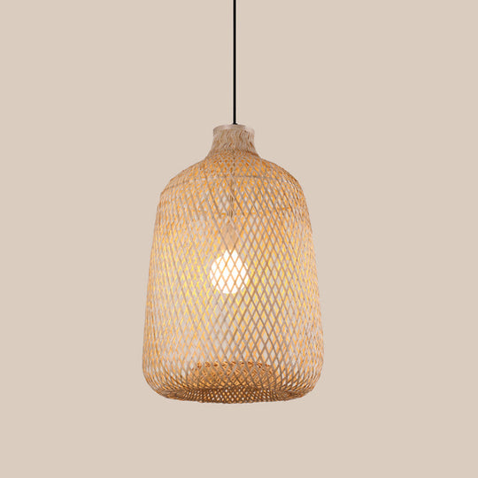 Asia Bamboo Pendant Lamp - 1-Light Beige Suspended Fixture For Dining Room