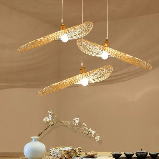 Chinese Style Lotus Leaf Pendant Light With Bamboo Shade - 1/3/6-Light Beige 14’/16.5’/19.5’ Wide