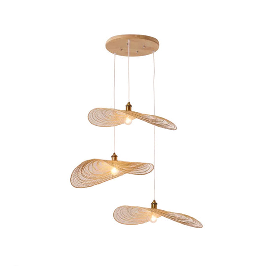 Chinese Style Lotus Leaf Pendant Light With Bamboo Shade - 1/3/6-Light Beige 14’/16.5’/19.5’ Wide