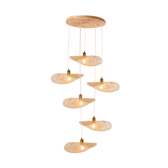 Chinese Style Lotus Leaf Pendant Light With Bamboo Shade - 1/3/6-Light Beige 14’/16.5’/19.5’ Wide
