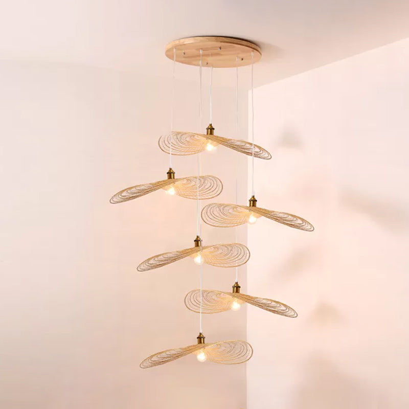 Chinese Style Lotus Leaf Pendant Light With Bamboo Shade - 1/3/6-Light Beige 14’/16.5’/19.5’