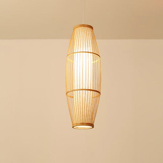 Asian Bamboo Hanging Pendant Light - Elliptical Design Beige 1 Bulb Perfect For Living Room