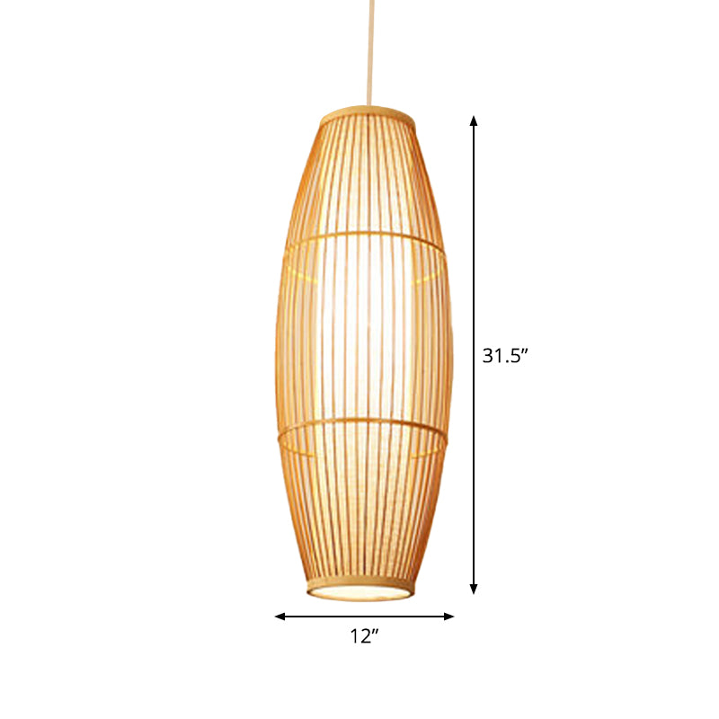 Asian Bamboo Hanging Pendant Light - Elliptical Design Beige 1 Bulb Perfect For Living Room