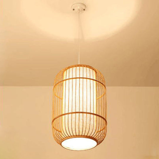 Asian Bamboo Hanging Pendant Light - Elliptical Design Beige 1 Bulb Perfect For Living Room
