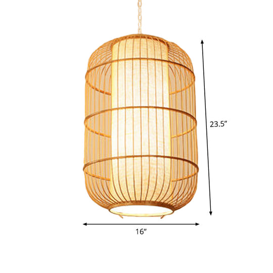Asian Bamboo Hanging Pendant Light - Elliptical Design Beige 1 Bulb Perfect For Living Room