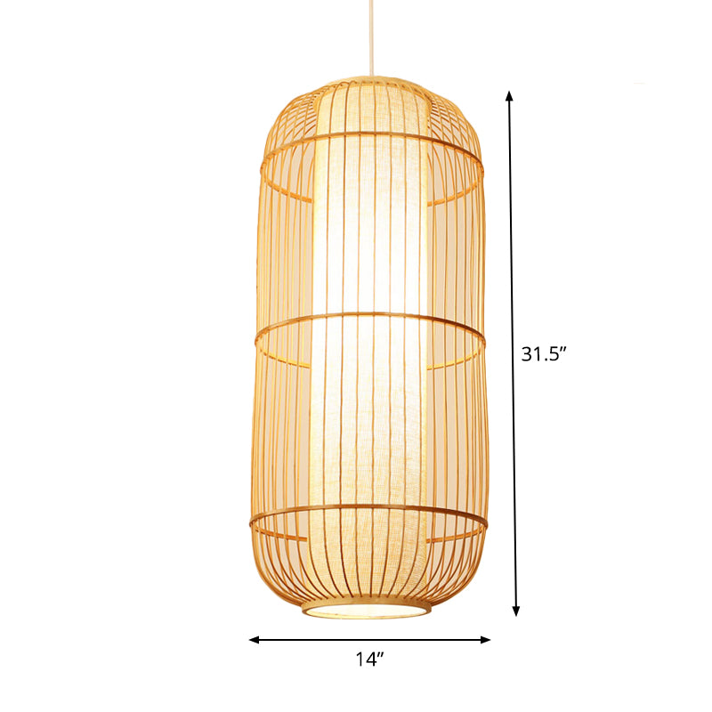 Asian Bamboo Hanging Pendant Light - Elliptical Design Beige 1 Bulb Perfect For Living Room