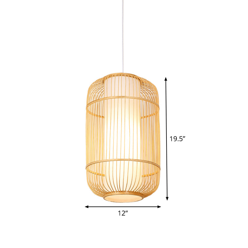 Asian Style Bamboo Pendant With Diamond Drum And Barrel Drops - 1-Light Hanging Light Kit For