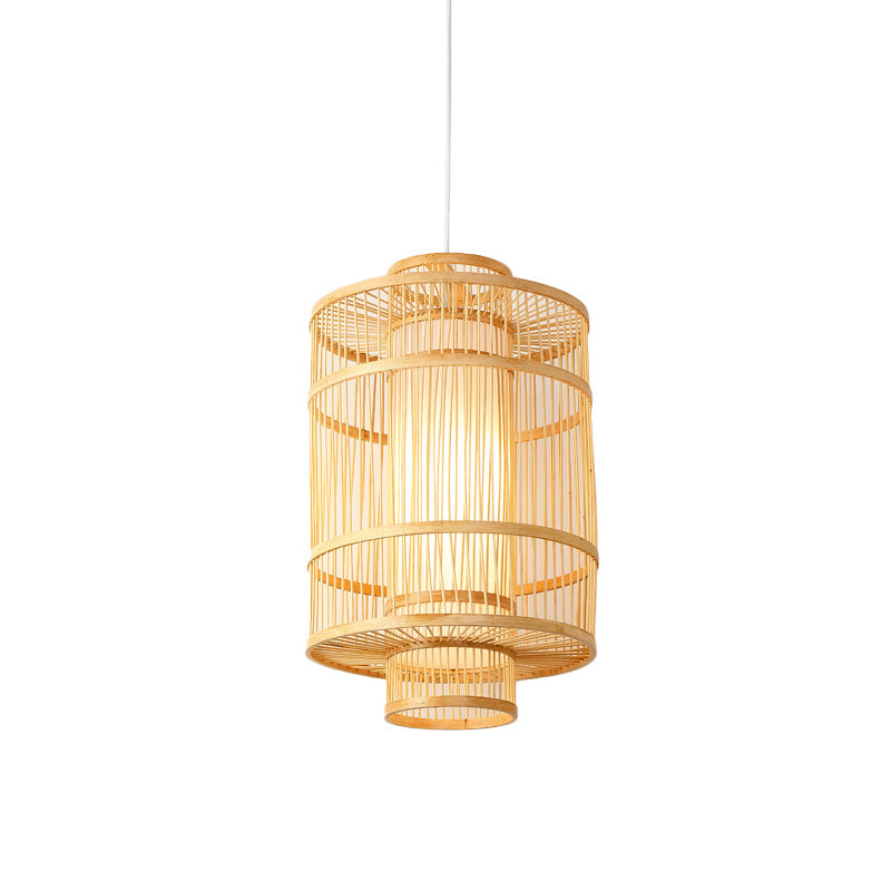 Asian Style Bamboo Pendant With Diamond Drum And Barrel Drops - 1-Light Hanging Light Kit For