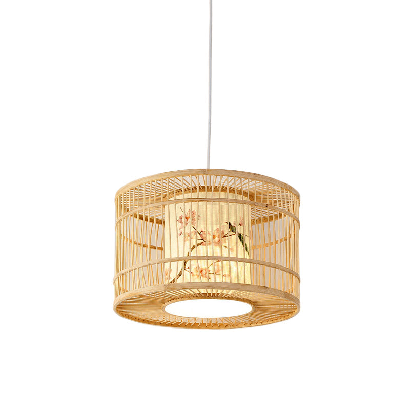Asian Style Bamboo Pendant With Diamond Drum And Barrel Drops - 1-Light Hanging Light Kit For
