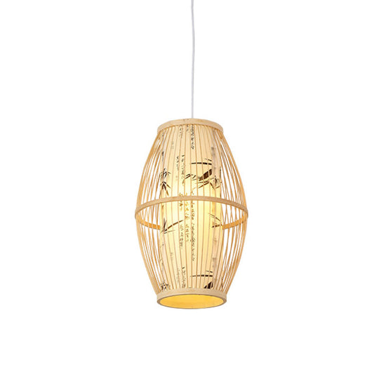 Asian Style Bamboo Pendant With Diamond Drum And Barrel Drops - 1-Light Hanging Light Kit For