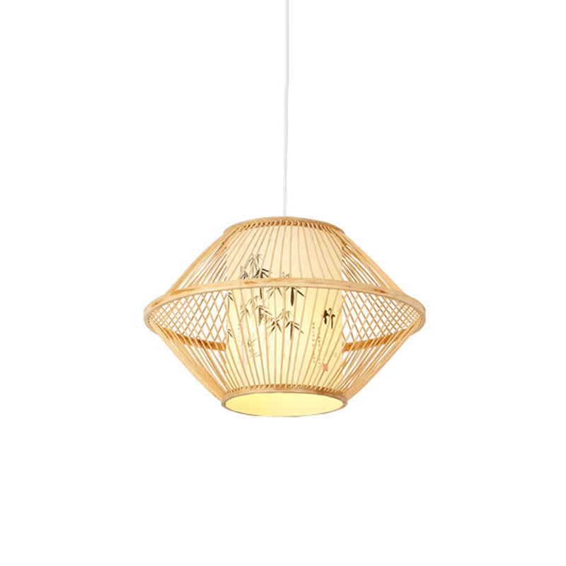 Asian Style Bamboo Pendant With Diamond Drum And Barrel Drops - 1-Light Hanging Light Kit For