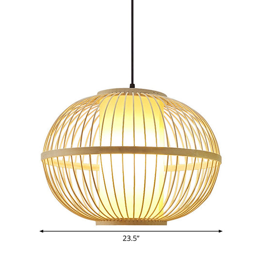Asian Bamboo Oval Pendant Light With Inner Shade - 1-Light Beige 3 Size Options